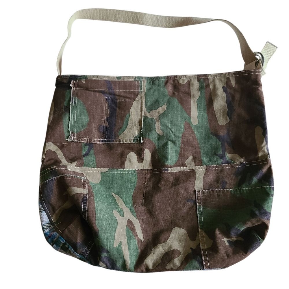 handcrafted tote double-sided bag large capacity tartan plaid + camo